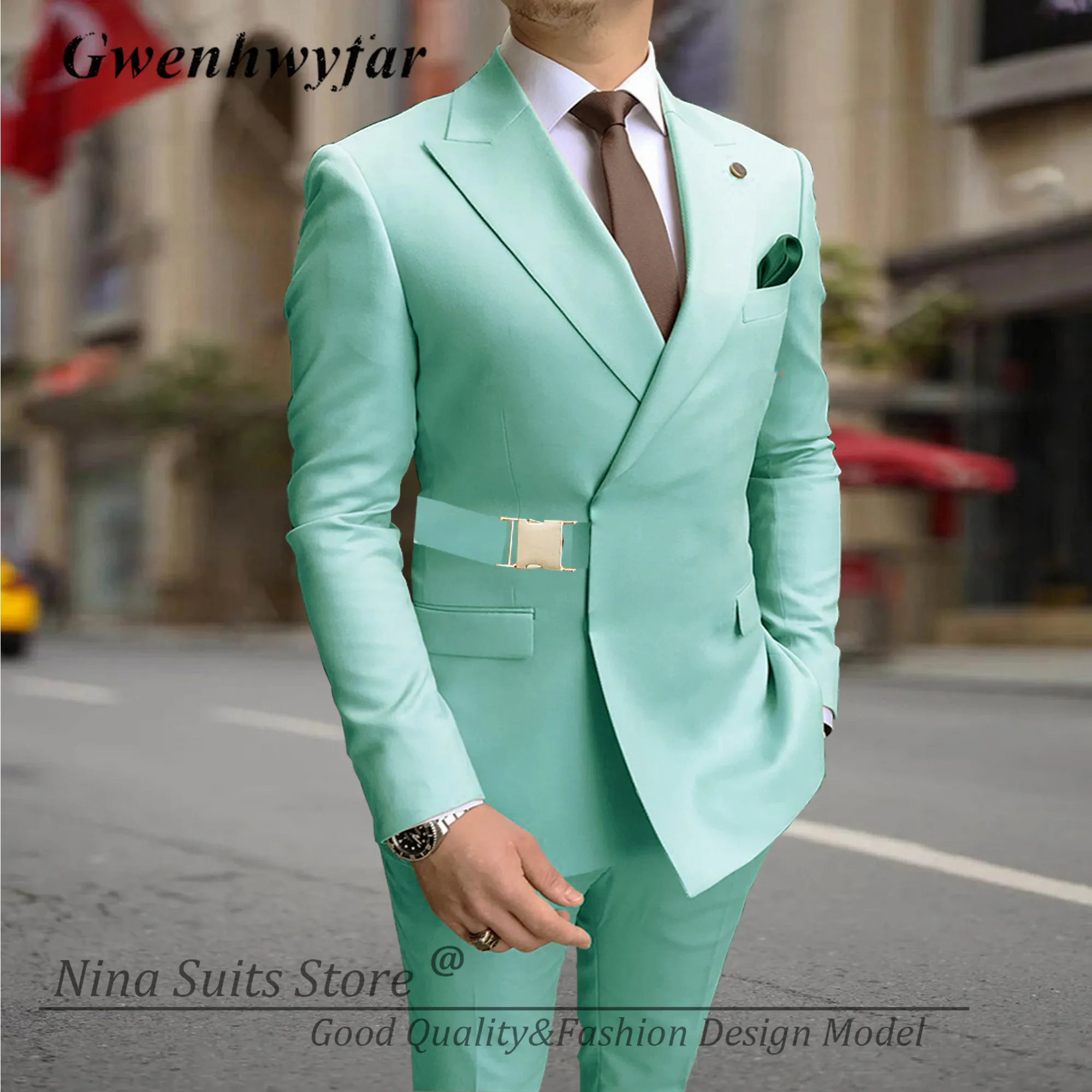 Mens Suits G&N Men Suits with Gold Metal Buckle Lavender Minte Navy Grey White Black 20 Colors Men's Casual Blazer Pants Set Handmade