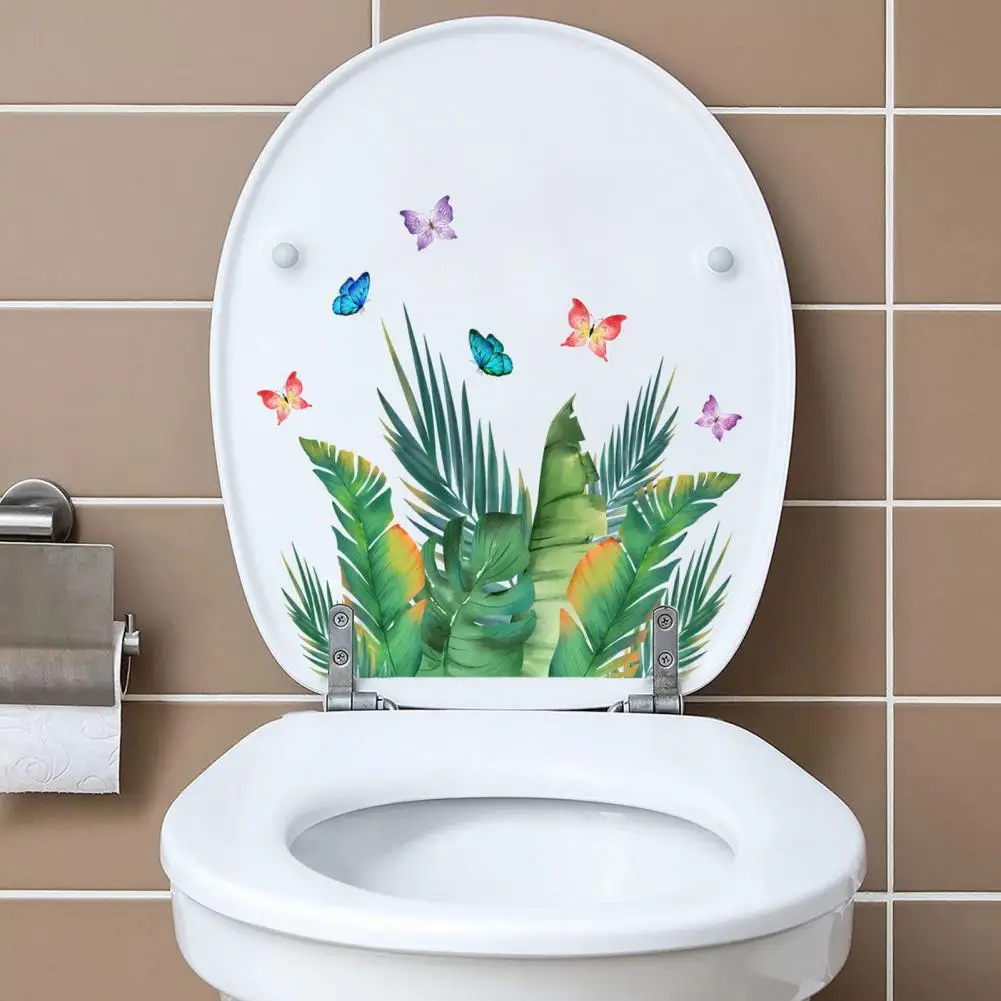 Long-lasting Toilet Decor Green Plant Butterflies Toilet Sticker Removable Self-adhesive Waterproof Pvc Decal for Room Wall Art