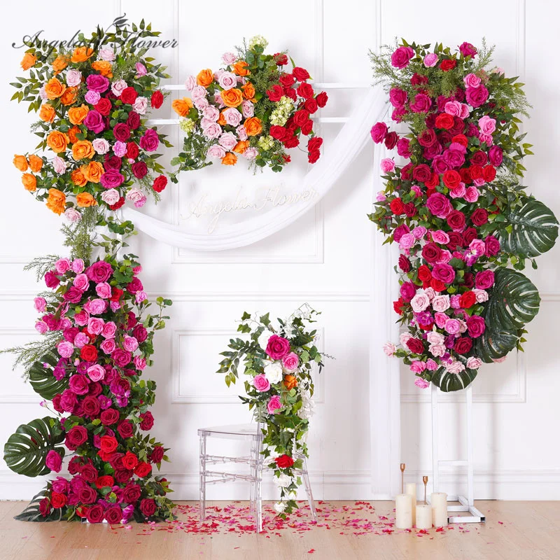 Hot Pink Wedding Backdrop Frame Arch Decor Orange Rose Green Turtle Leaf Hang Floral Arrangement Chair Flower Banquet Prop A8788