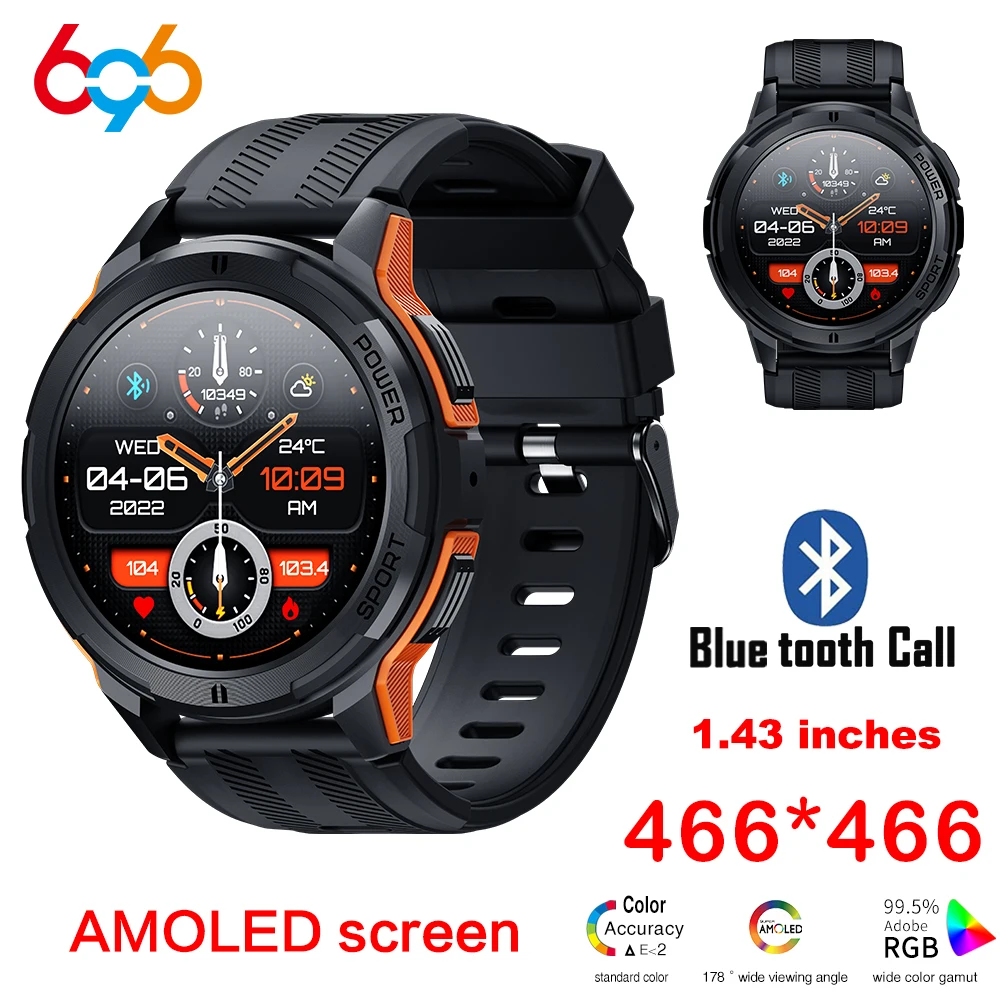 

Мужские Смарт-часы на открытом воздухе с AMOLED экраном 1,43 дюйма 1ATM водонепроницаемый пульсометр спортивные Смарт-часы с синими зубьями для звонков и фитнеса для женщин