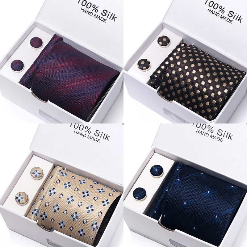 

Festive Present Gift Box Jacquard Cravat Men Silk Tie Handkerchief Pocket Squares Cufflink Set Necktie Plaid Fit Resale