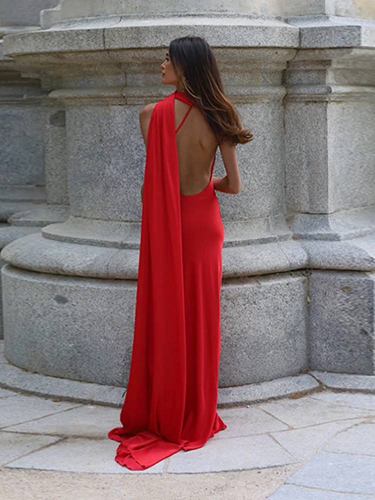 Elegant Satin Halter Maxi Dress with Scarf Collar - Sleeveless Backless Evening Gown