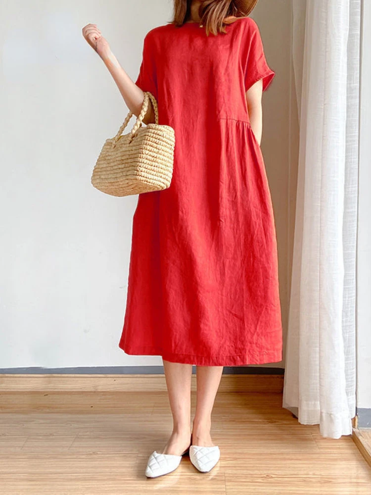

Summer Women Dress Casual Loose Short Sleeve A-LINE Oversize Solid Midi Dress Cotton Linen Dresses for Women Vestidos De Mujer
