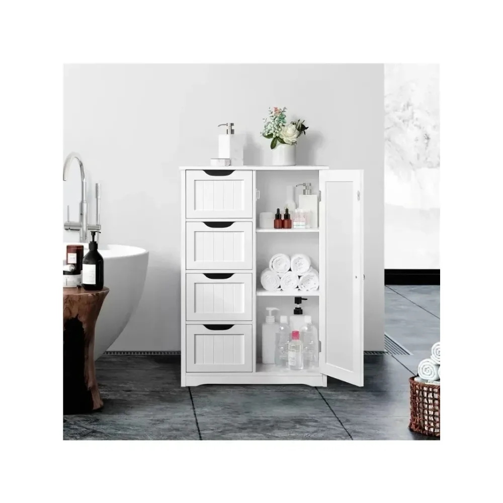 

Alden Design Wooden Bathroom Storage Cabinet with 4 Drawers & Cupboard, White bathroom cabinet