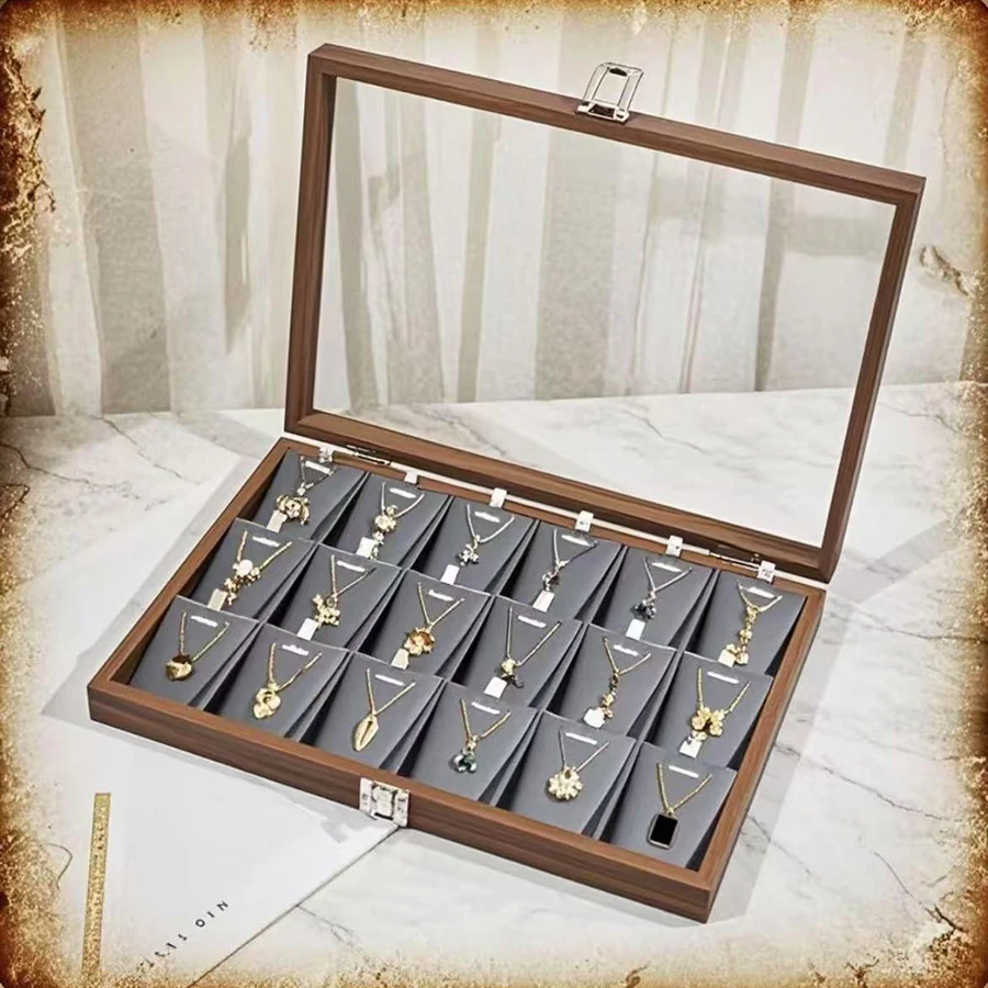 Walnut Wooden Nelace Pendant Jewelry Box 8K Gold Plated Chain Fine Bracelet Display Storage Box Korean Sle Unloed