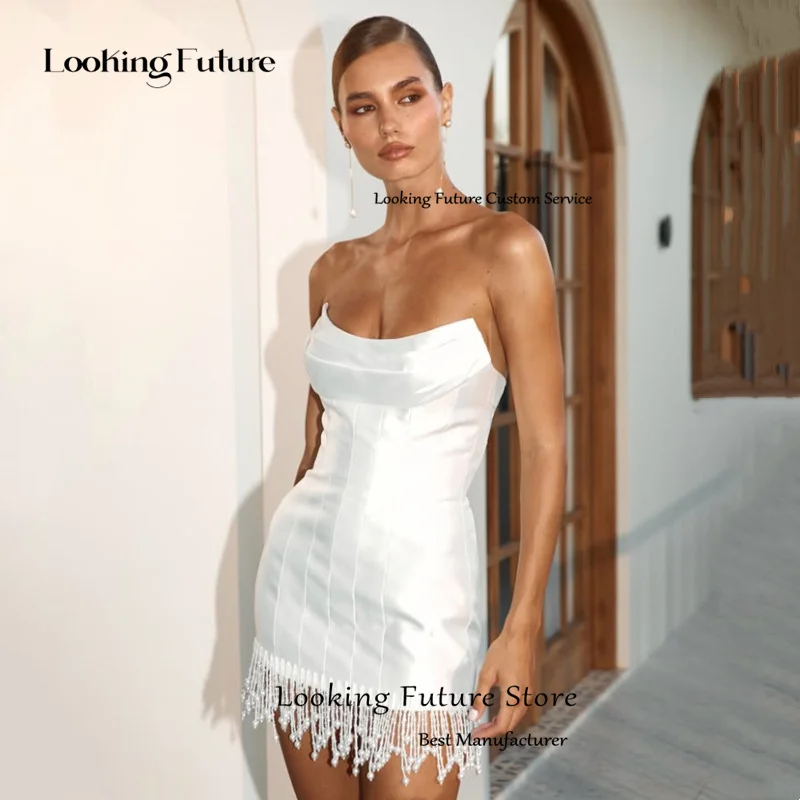 Elegant White Satin Short Wedding Dress Pleat Pearls Tassel Mini Bride Dress Sexy Backless Strapless Sleeveless Gown Customized 15 S7951d36dada64686889518c7d9c26dd5c