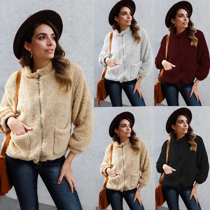 

2023 Long sleeved zippered plush jacket pocket jacket Women's solid color women's sweater