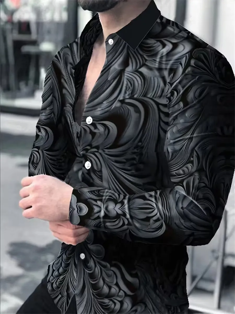 قميص رجالي بأكمام طويلة بتصميم خطوط هندسية باللونين الأسود والذهبي، كارديجان أنيق وعصري من قماش مريح.