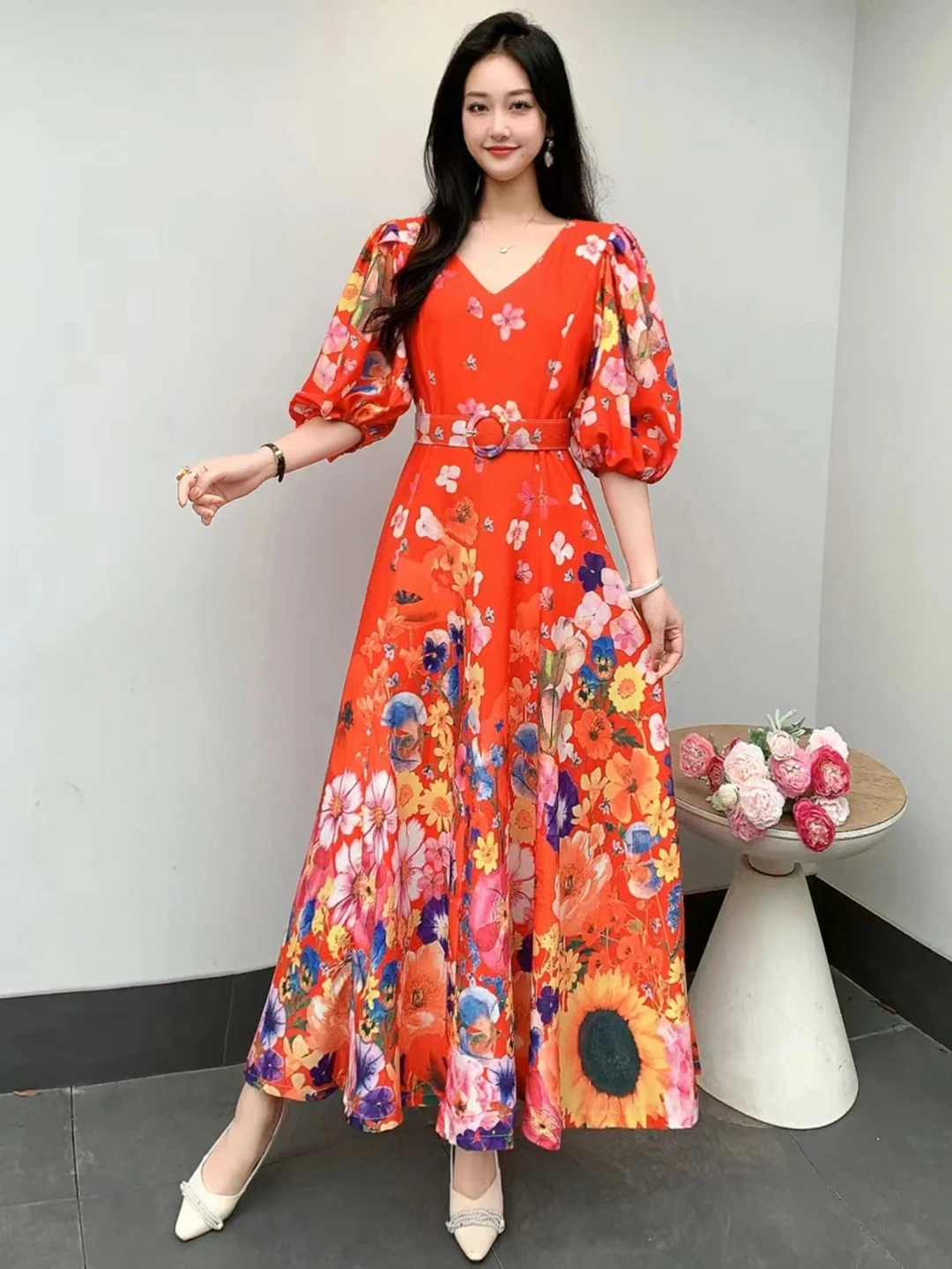 

Женское приталенное платье с цветочным принтом, длинное платье с V-образным вырезом, рукавами-фонариками и поясом, весна-лето 2024