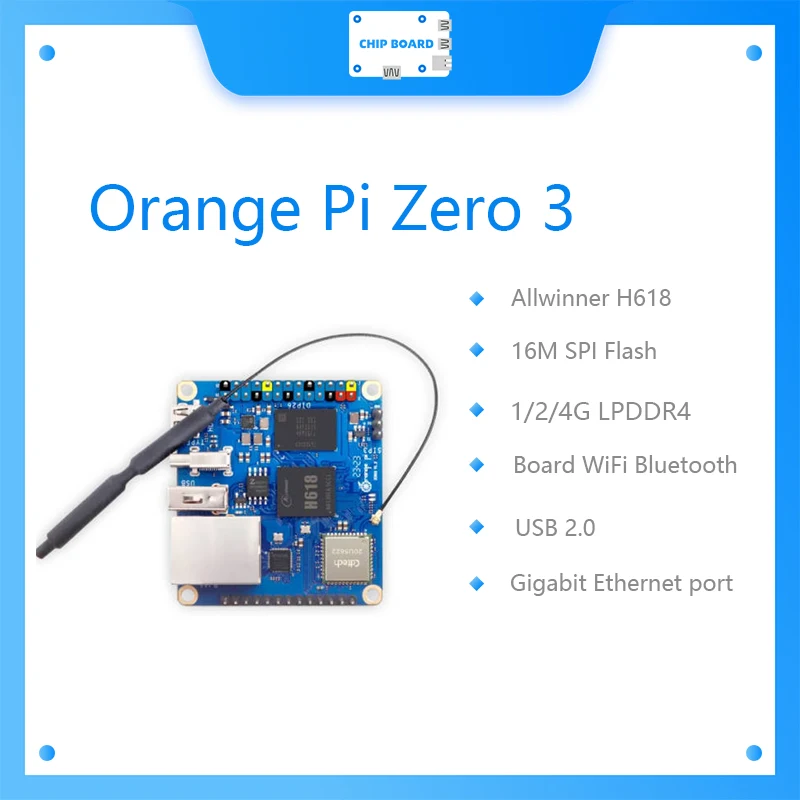 

Orange Pi Zero 3 4 ГБ ОЗУ Allwinner H618 64-Bit WiFi 5 + BT5.0 LPDDR4 16 МБ SPI Flash Gigabit Ethernet Android 12 TV Ubuntu 22 OS