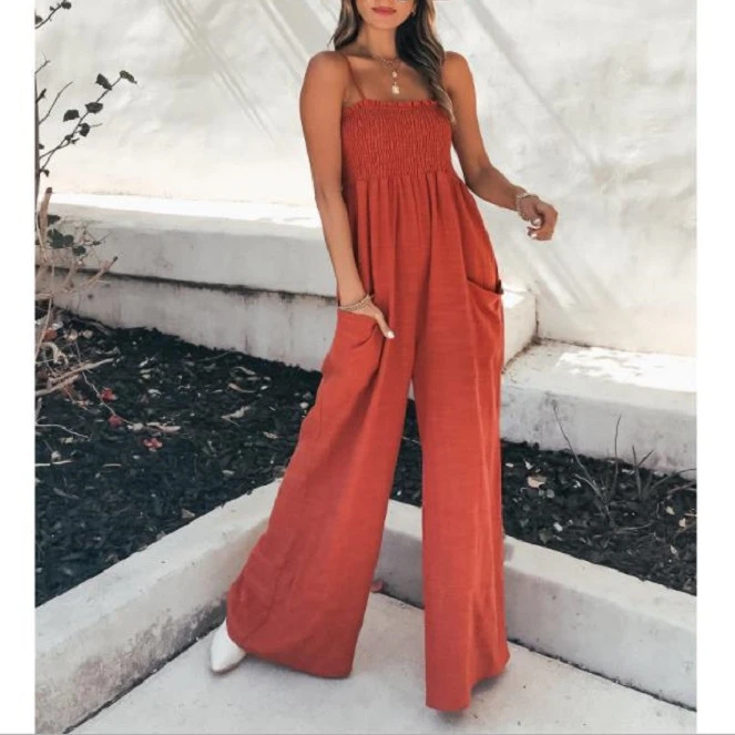 Summer Strap Jumpsuit Women Backless Long Pants Solid Color Wide Leg Trouser with Pockets Ladies Ruffled Long Jumpsuits 2021 New polka dots print women jumpsuit suspender loose wide leg ladies playsuit sleeveless pockets high waist long rompers dungarees