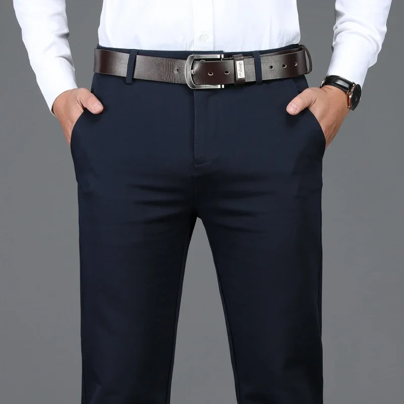 98% Cotton Classic Men's Brown Business Straight Casual Pants Solid Stretch High Waist Office Trousers Male Brand Black Khaki 5