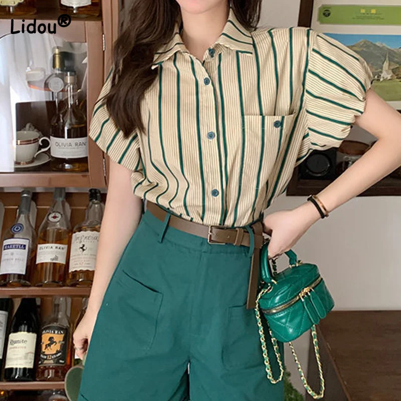 Hong Kong Style Retro Striped Blouse for Women Clothing Summer Polo-Neck Patchwork Pockets Short Sleeve Single Breasted Shirt vintage hong kong style polo neck bubble sleeve plaid shirt summer clothes versatile fashion turn down collar button blouse