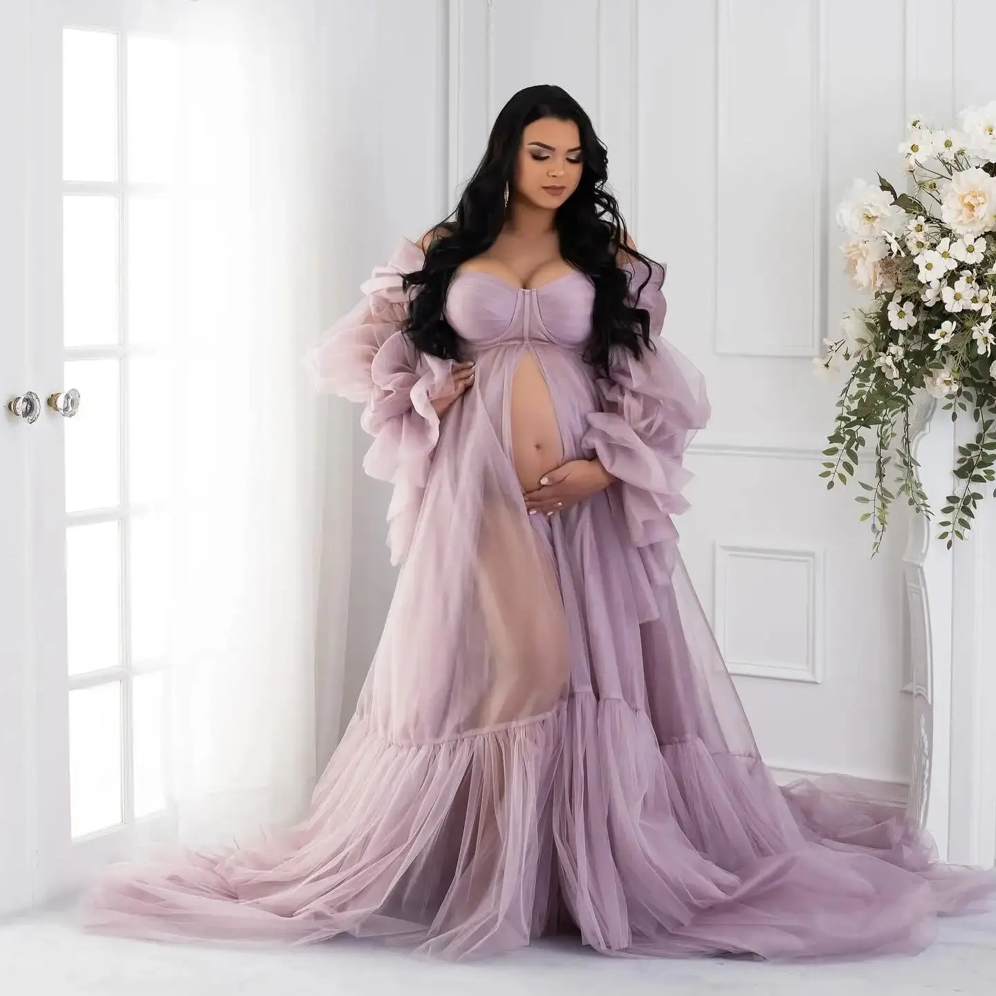 

Vintage Purple Evening Dresses Off Shoulder Tulle Pregnant Women Gowns Sexy Front Split Sweep Train Baby Shower Photoshoot Robes