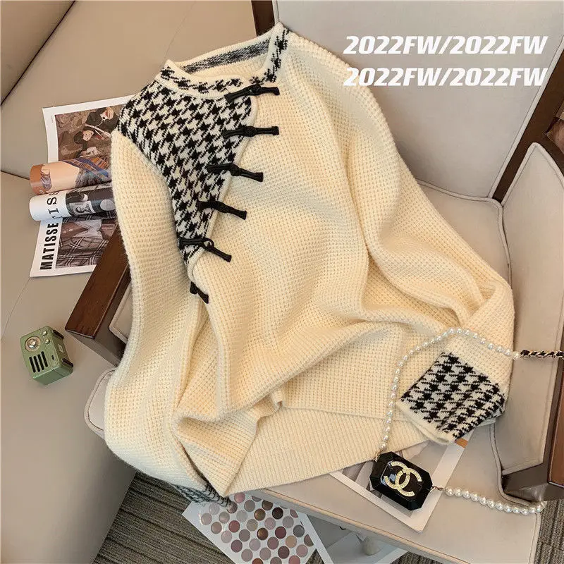 

Дизайнерский пуловер, свитер, Женская осенне-зимняя повседневная верхняя одежда 2023, небольшой ретро Свободный вязаный свитер с длинным рукавом и круглым вырезом, Женский Топ