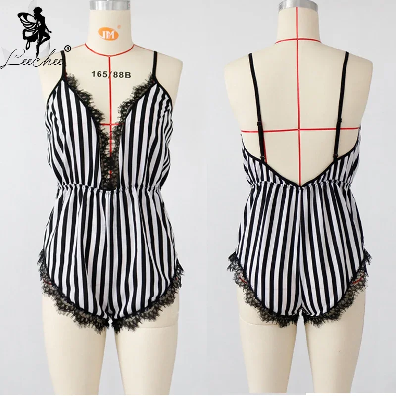 Leechee Sexy Striped Pajamas Women Deep V Home Clothes Bodysuit Sleepwear Comfortable Backless Lace Splice Body Shorts Nightwear