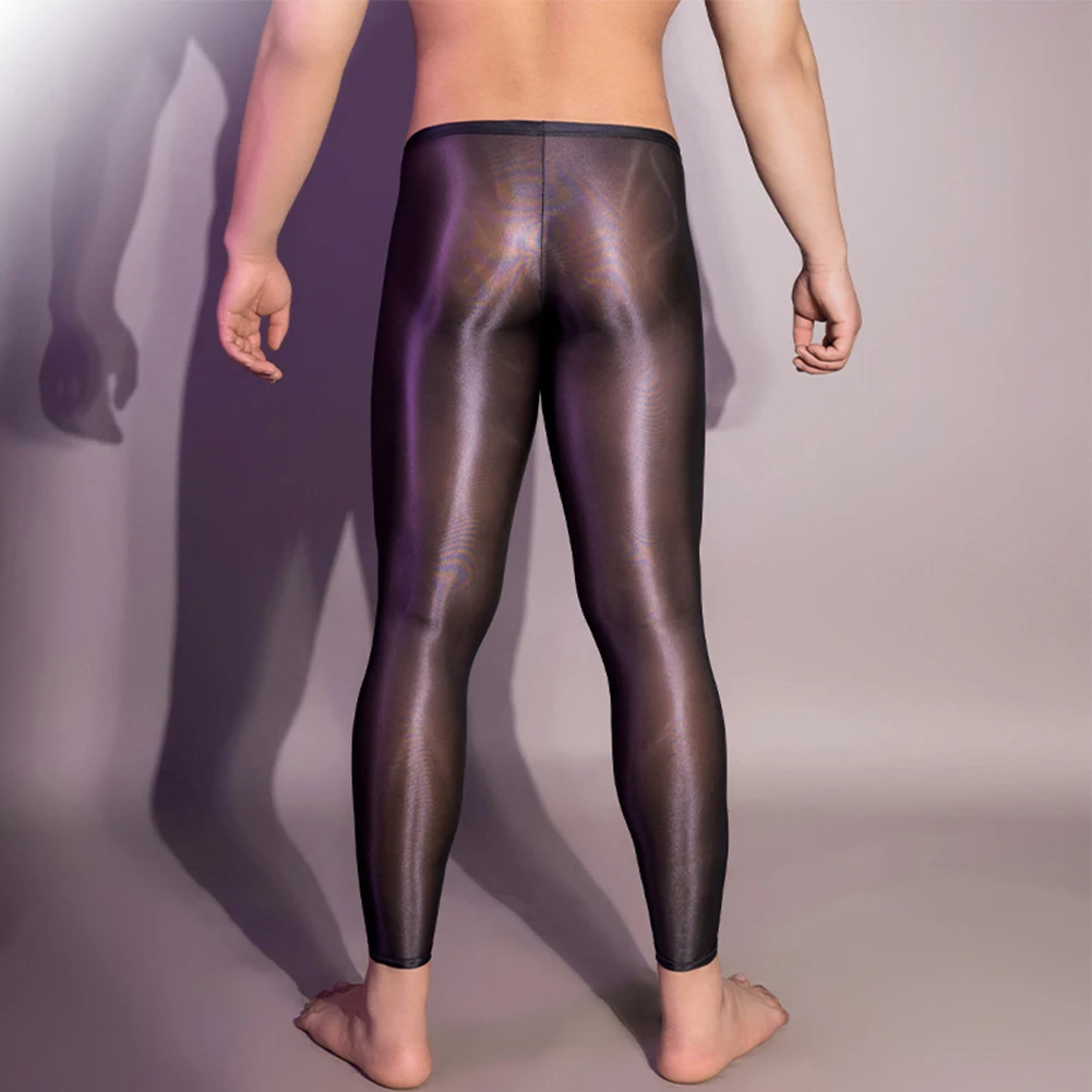 Mens Thin Oil Shiny Glossy Leggings See Through Underwear Sexy Long Pants Skinny Trousers Enhance Penis Pouch Bulge Bodystocking