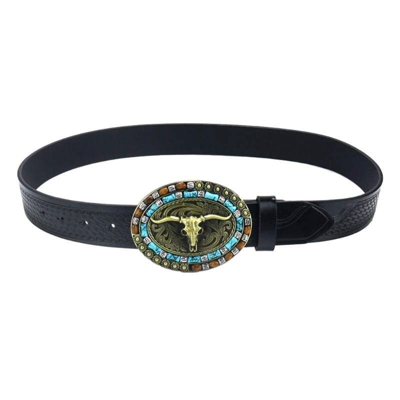 

Vintage Men Teens Relief Head Waist Belt PU-Leather Adjustable Cowboy Belt