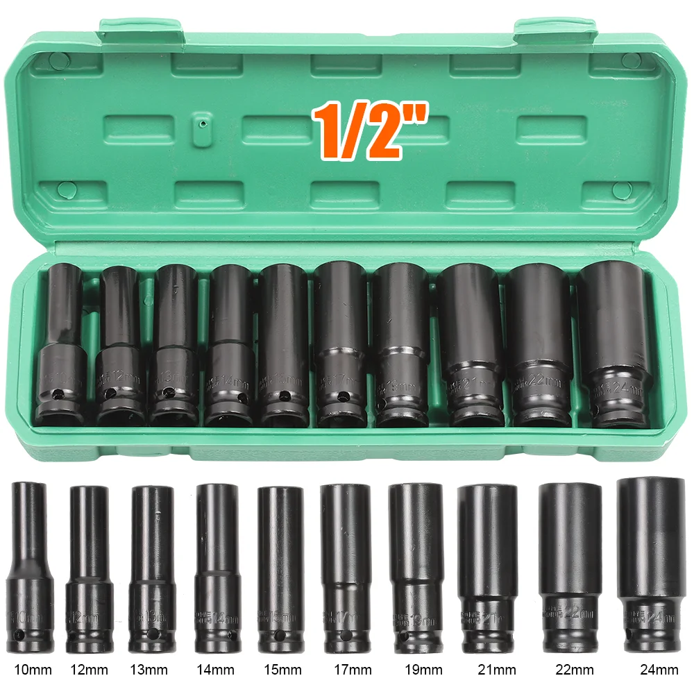 10pc Wrench Sleeve Electric wrench socket 1/2 inch 12.5mm Square Head Impact Socket Set Wrench Head Tire Removal Tool