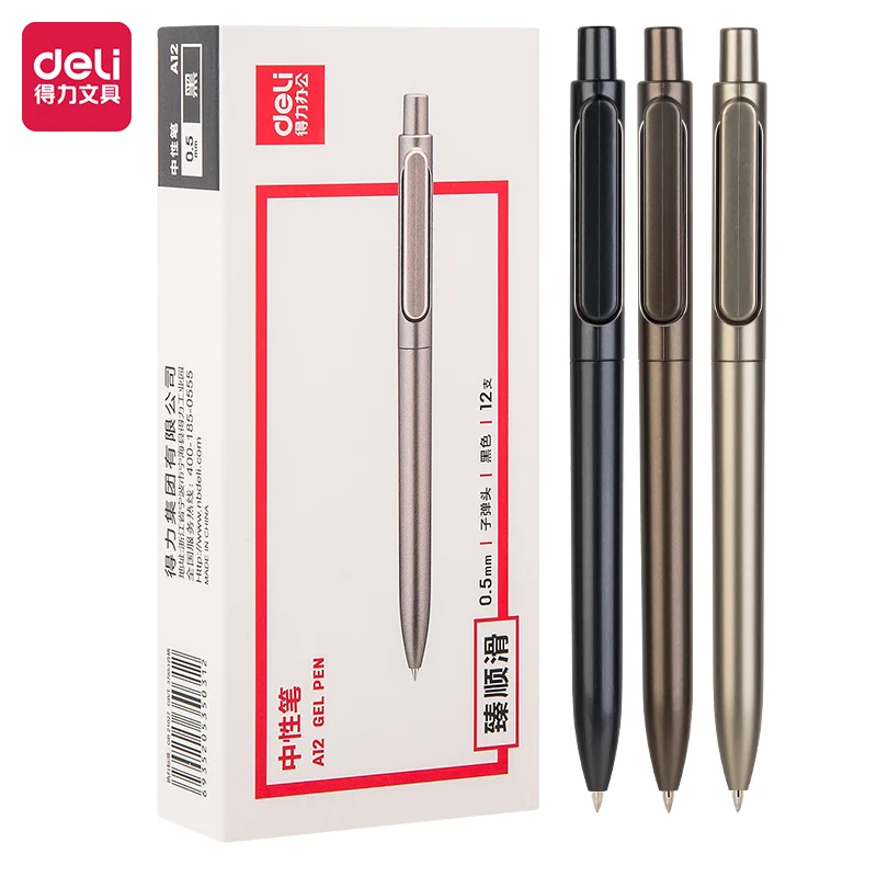 12pcs Deli A12 0.5mm Pressed Gel Pens Black Ink School Student Supplies Stationery