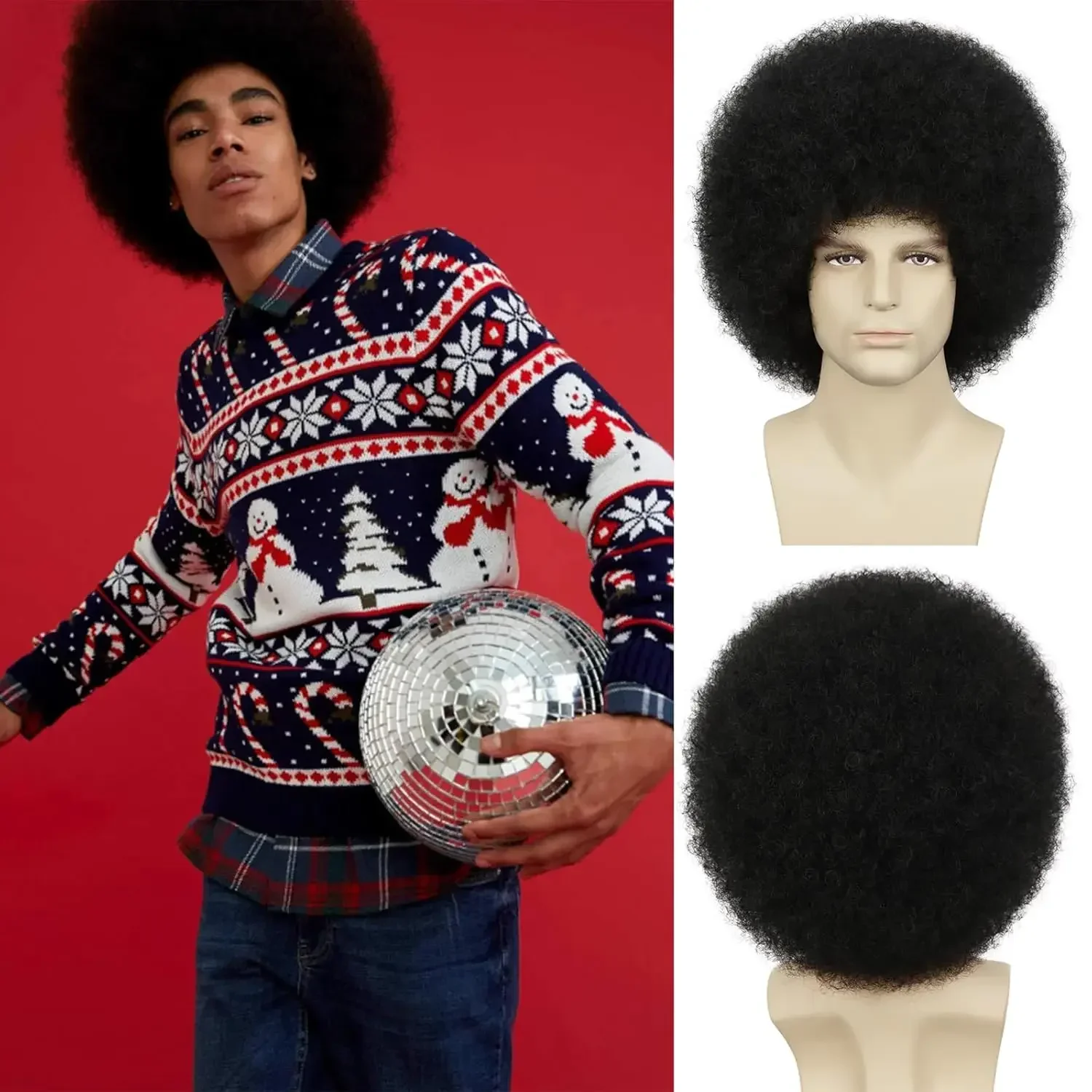 Perruque Afro pour hommes pour les années 70 Disco Rocker Party Perruque synthétique Afro noire Perruques Afro unisexes pour adultes pour un usage quotidien et en fête
