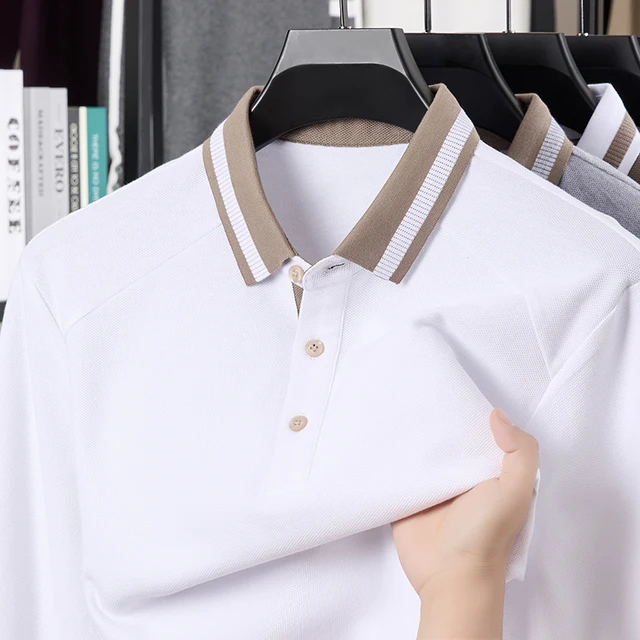 Polo de manga larga 100% de algodón para hombre, camiseta de otoño de Color sólido con cuello a rayas contrastantes, ropa informal de negocios transpirable para hombre