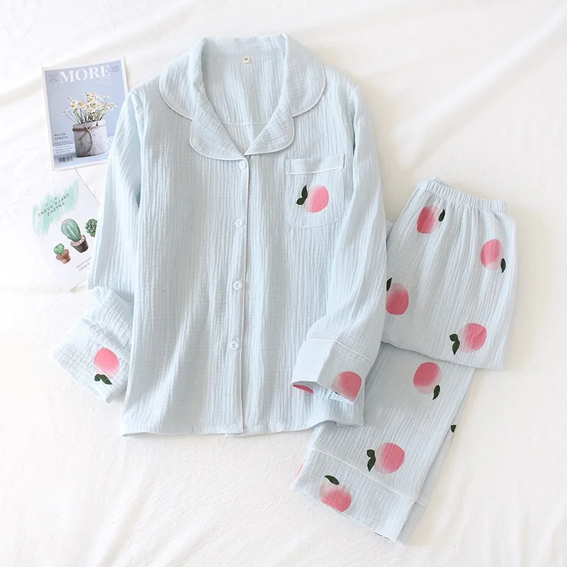 Spring New Ladies Pajamas Set Heart Printed Crepe Cotton Double-layer Gauze Turn-down Collar Long-sleeve Trousers Household Wear cotton pjs Pajama Sets