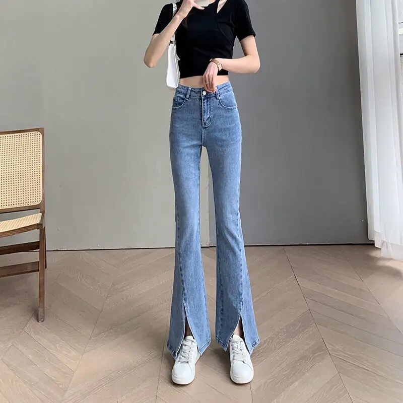 Fashion Spring Summer High-Waist Zipper Straight Jeans Pants Women Loose Wide-Leg Split Denim Trousers Sweet Girl Lady Clothes