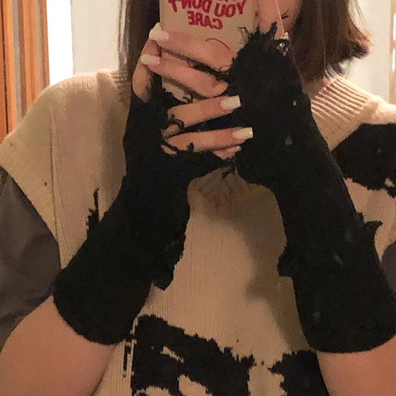 Black Tattered Punk Unisex Fingerless Cuff Knit Gloves 1pair Women Men Elbow Length Mittens Broken Stretch Arm Warmer Gloves fingerless gloves,half finger gloves