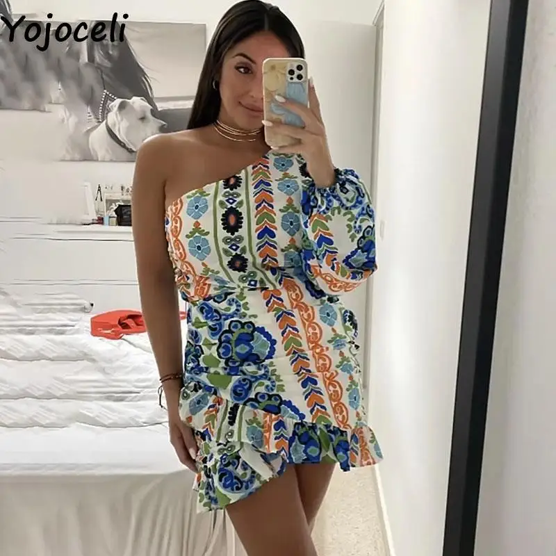 

Yojoceli Elegantone shoulder ruffle print short dress Women beach party sexy bodycon dress Club daily cute summer dress vestidos