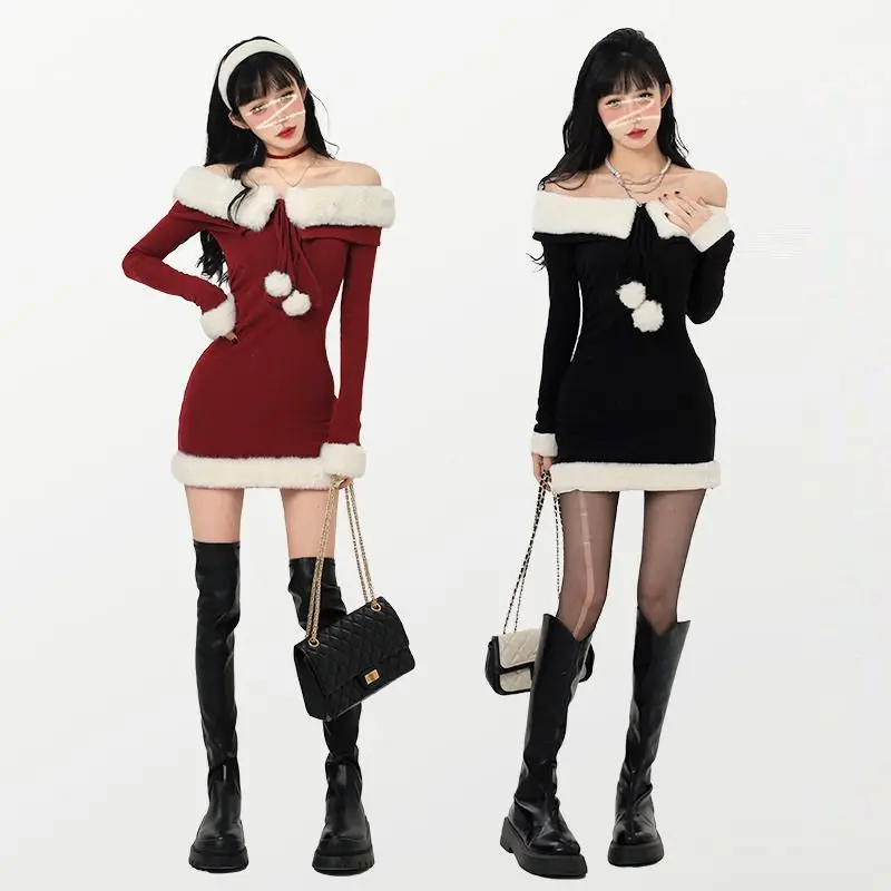 

Christmas Theme New Women's Dress Sexy Waist Tightening Cute Atmosphere Cross Strap Jacquard Short Skirt