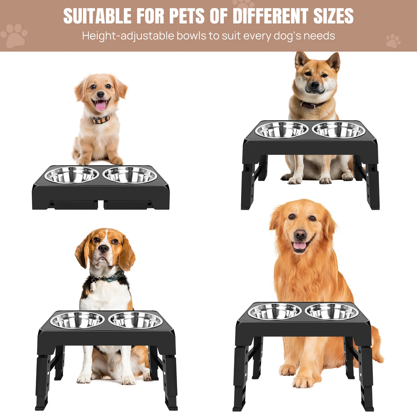 EFAN Raised Dog Bowl 4 Height-Adjustable, Elevated Dog bowls with 2x 1200ml Stainless Steel Bowls, for Small Medium & Large Dogs