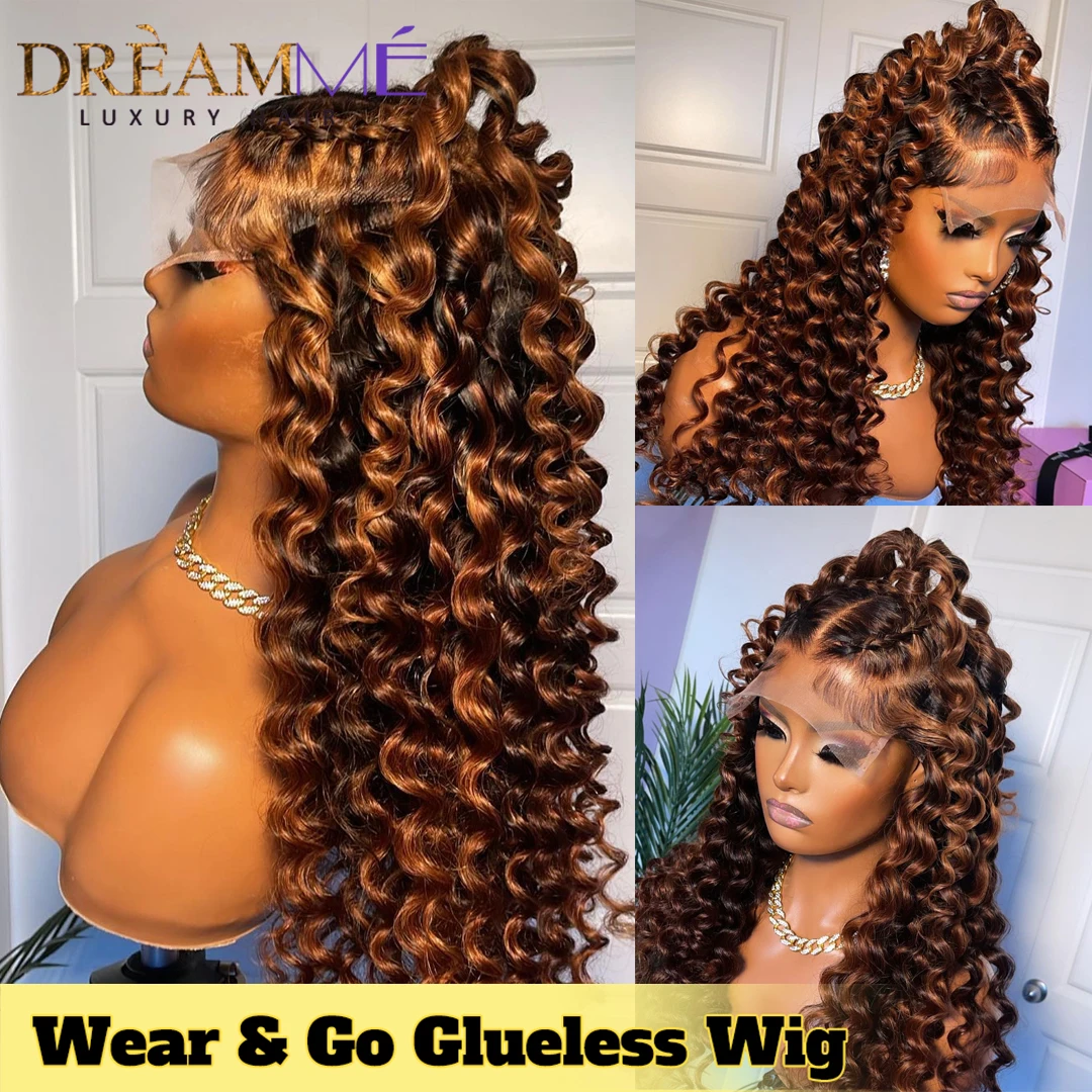 Loose Deep Wave Wig Glueless 4x4 Closure Human Hair Wig Wear and Go Brown Highlights Brazilian 360 Glueless Lace Frontal