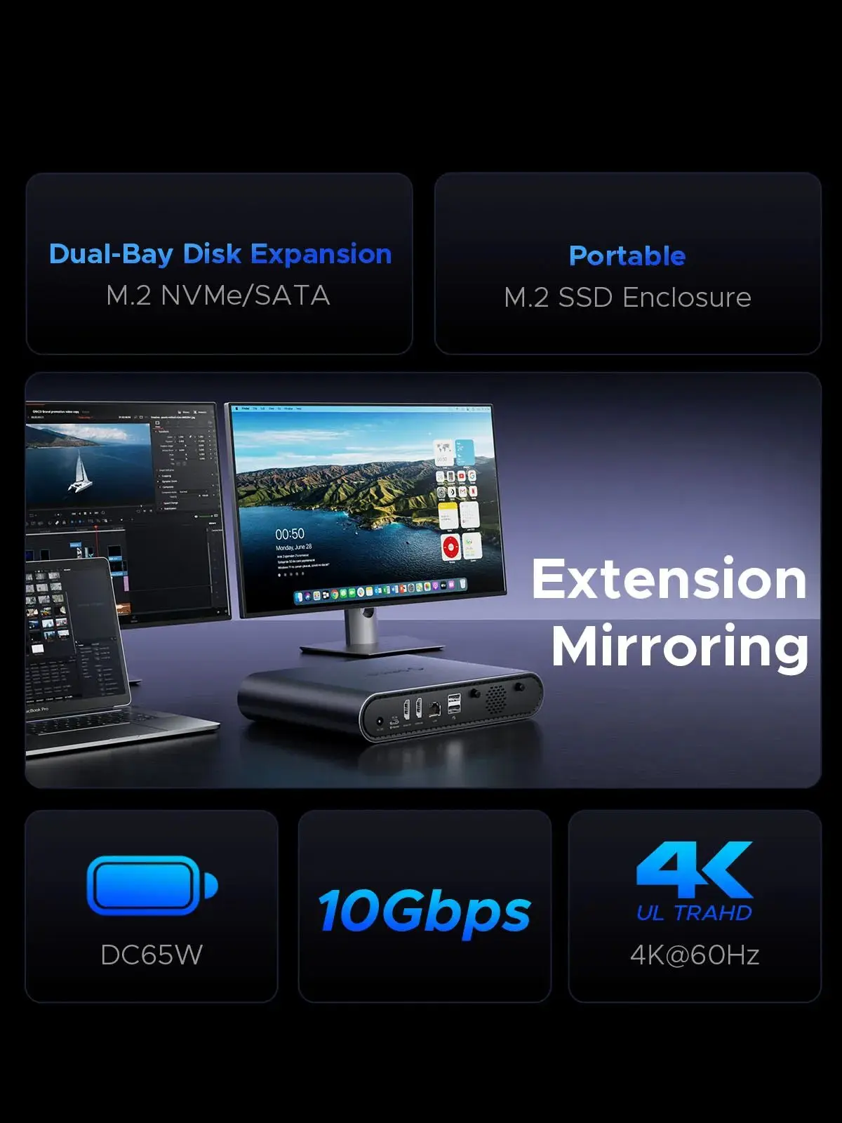 M.2 NVME SATA SSD Case Triple Display Docking Station Deck Dual 4K60Hz HDMI-com PD60W Ethernet USB3.2 10Gbps Ports external hard drive external hard drive case ssd enclosure hard drive enclosure hard disk case external hard drive box hdd case enclosure