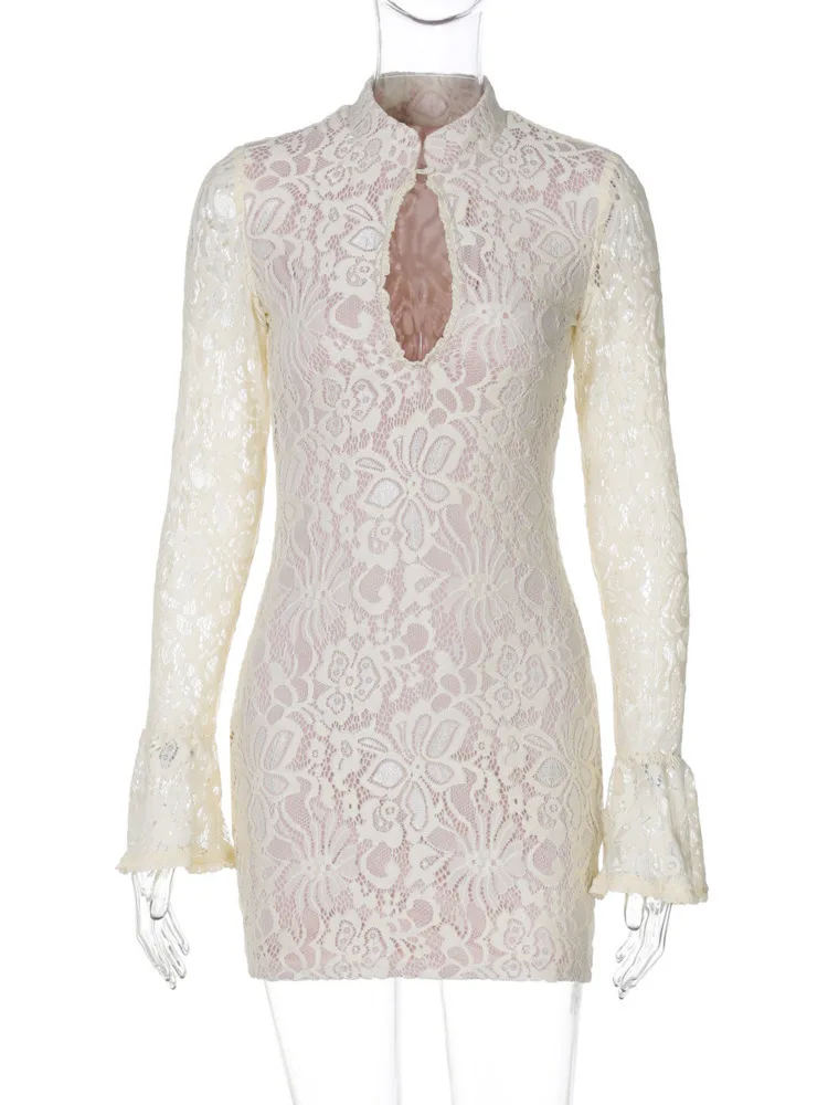 Mozision Lace Hollow Out Long Sleeve Sexy Mini Dress For Women Fashion Half High Collar Bodycon Club Party Dress Elegant Dresses 6