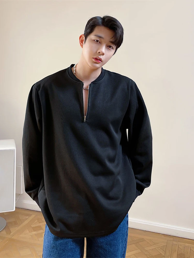 IEFB Korean Style Fashion Zipper Solid Color Men's Casual T-shirt 2022  Autumn Long Sleeve New Round Neck Simple Top 9A1241
