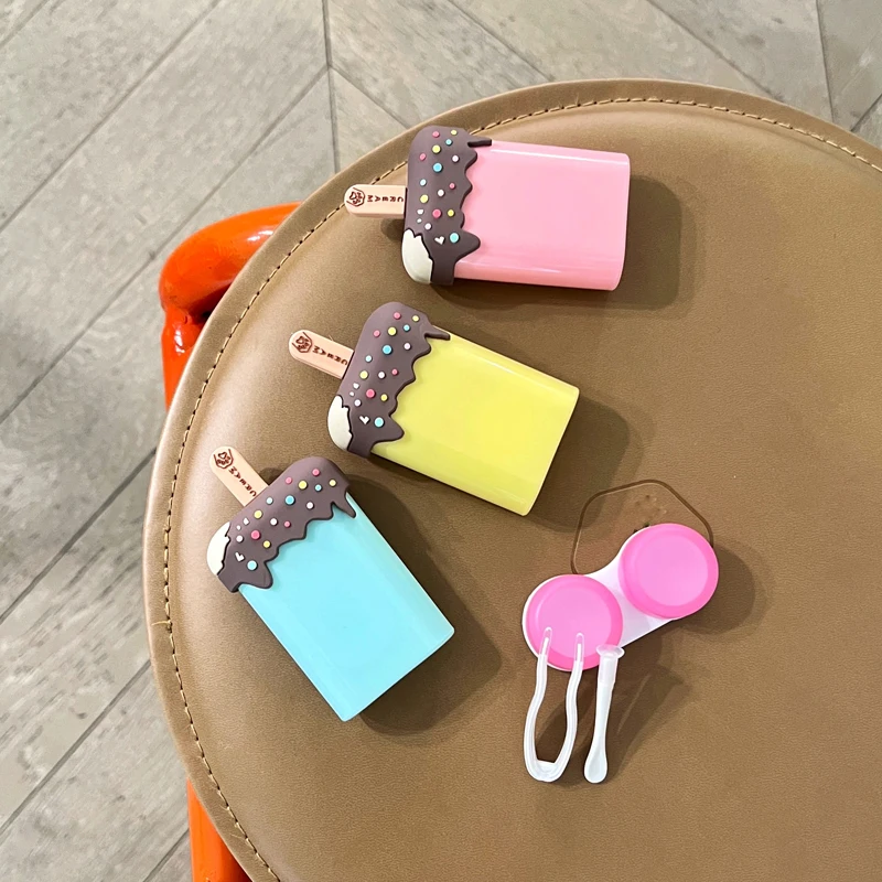 Cute Ice Cream Popsicle Contact Lens Companion Box Colored Lenses Container Box for Party Travel Set Clip Tweezers
