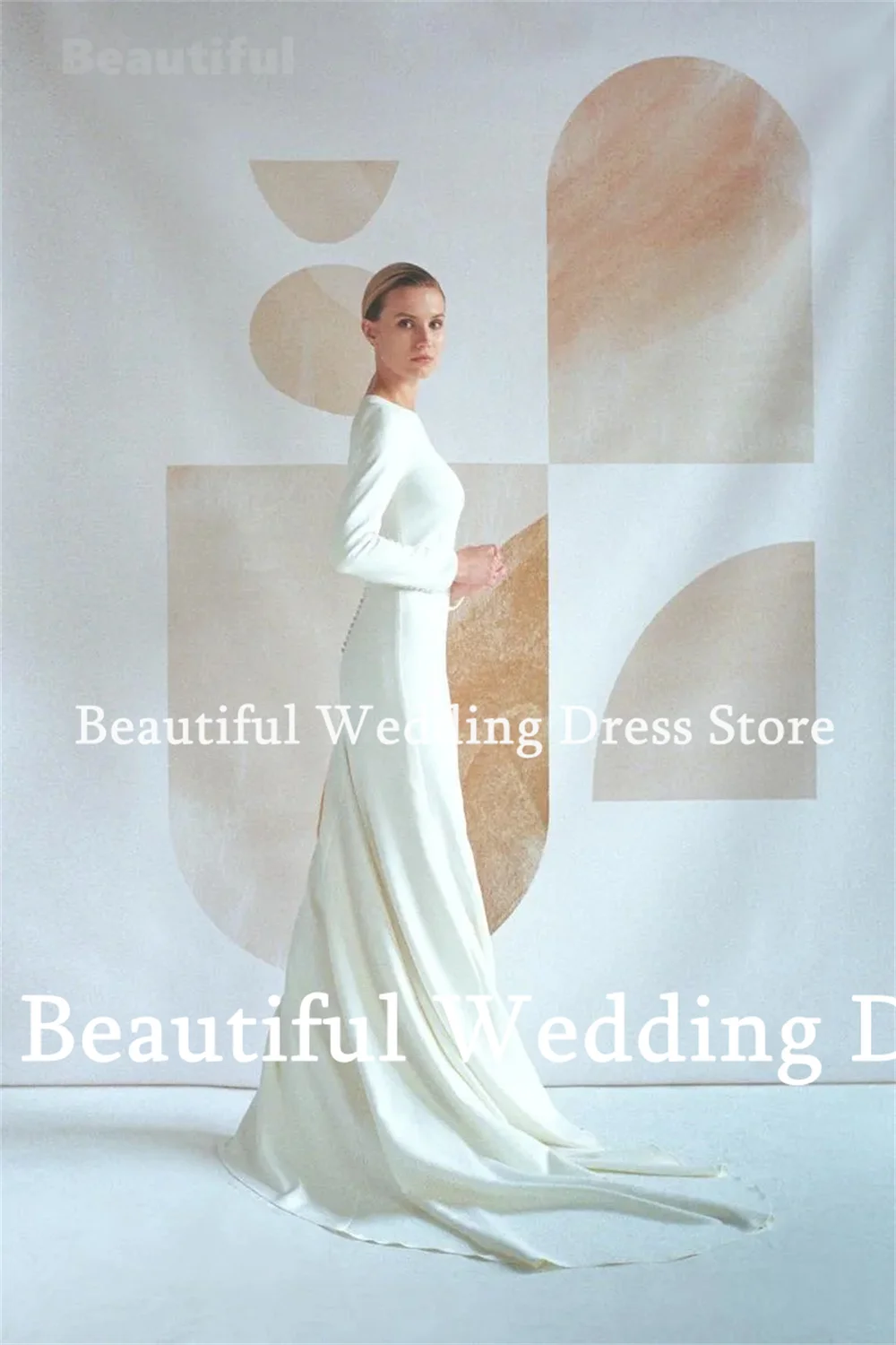 Simple Women Wedding Dress O-Neck Long Sleeves Plain Pure Satin Mermaid Floor-Lenth Bridal Gown Sweep Train Vestidos de novia