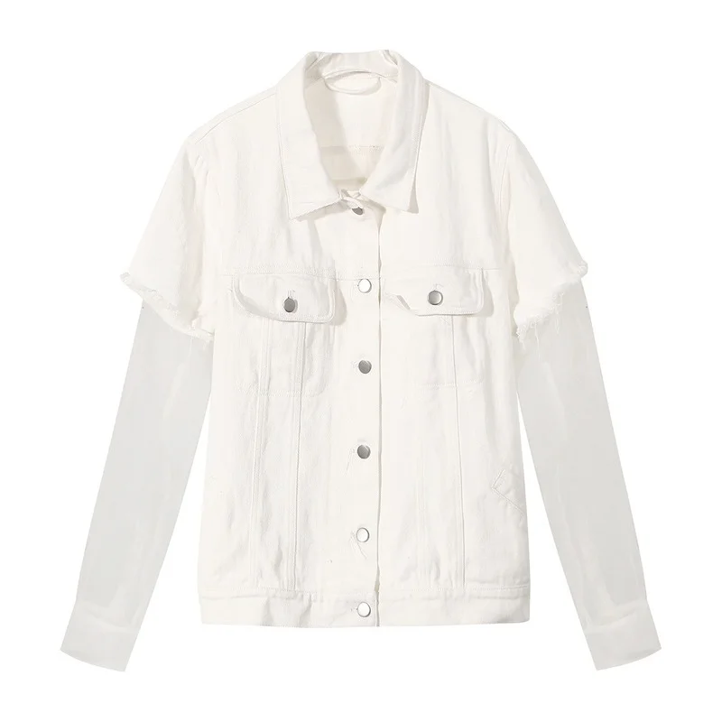 

ZCSMLL White Lace Sleeve Denim Jacket Women's Spring 2022 Mesh Stitched Hole Washing Jacket White Irregular Perspective Top