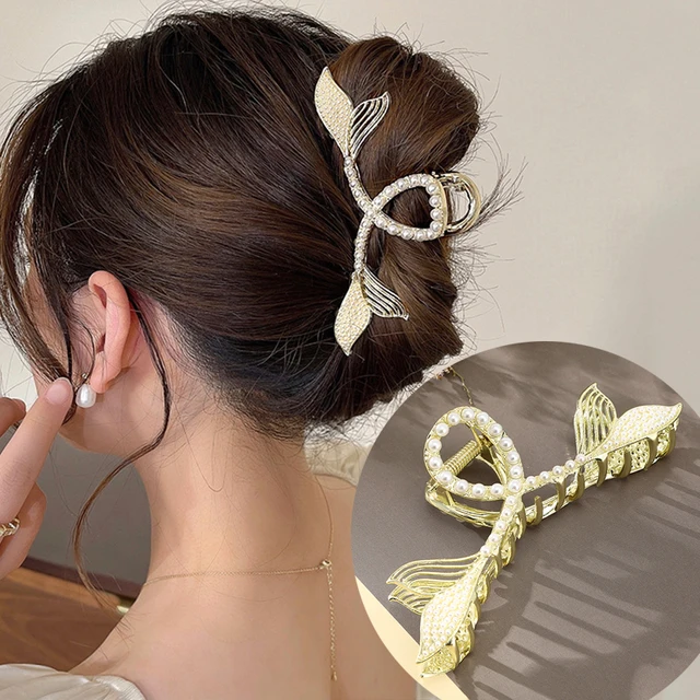 AWAYTR Rhinestone Metal Hair Claw Crab Clip For Women Girls Shiny Barrette Hairpin Crystal Pearl Hair Accessories Jewelry Gift CB1100C 11cm