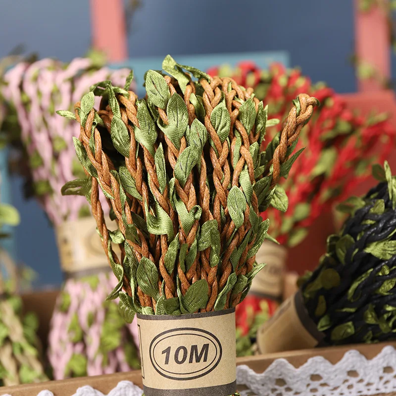 Natural Jute Twine 5Meter/lot 5MM Burlap Leaf Ribbon with Artificial Vine Green Leaves DIY Craft Vintage for Wedding Party Decor jute rope