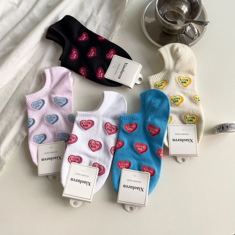 5 Pairs Women's Socks Set Korean Colorful Flower Graffiti Cute Kawaii Shallow Anti Slip Ankle Socks Girl