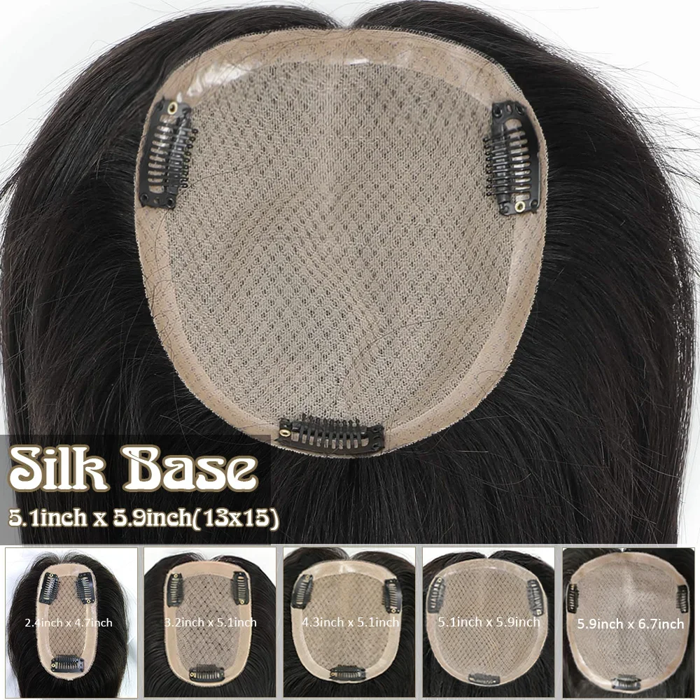 Toppers per capelli umani europei per donna Topper con base in seta naturale per cuoio capelluto Posticci per clip nelle estensioni # 1b # 2 # 4 Alta qualità - immagine 3