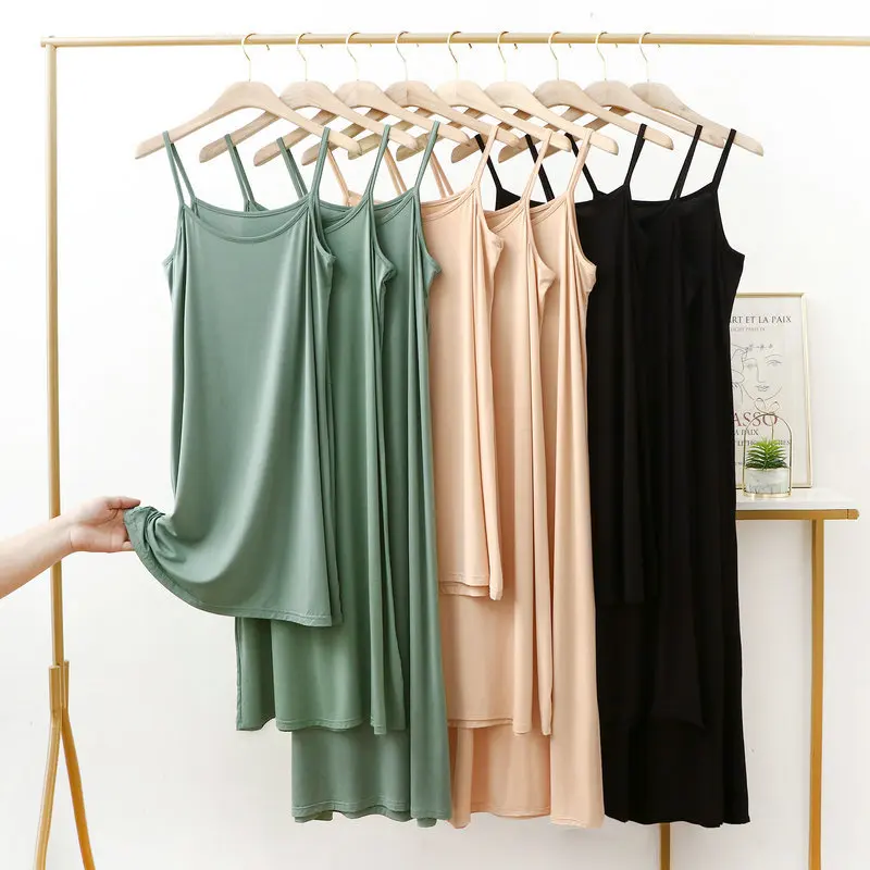 Plus size sleeveless modal suspender dress summer black bottom vest skirt U-neck suspender three-piece long skirt