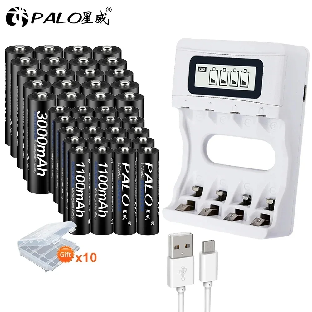 HOT PALO AA Battery 3000mah +1.2v AAA Rechargeable Batteries 1100mah with Smart AA Battery Charger 1.2v Ni-MH AA Aaa Toy Battery