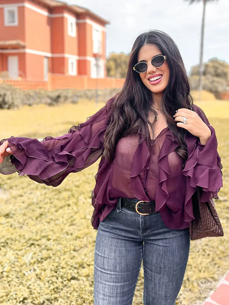 HH Women Fashion Translucent Ruffles Blouses Elegant Solid V Neck Single Breasted Shirts Spring Summer Hollow Out Chic Tops