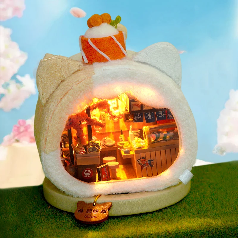 DIY Wooden Miniature Model Kit Japanese Sushi Store Casa Doll Houses 3D Puzzle Dollhouse With Furniture Lights for Friends Gifts 3