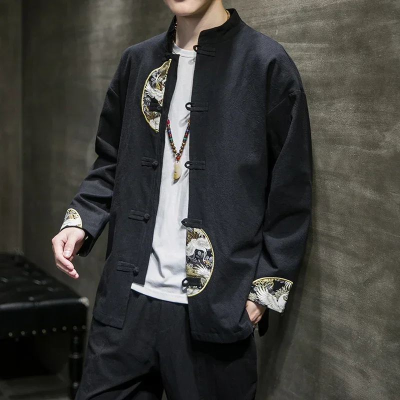 Mens Chinese Style Embroidered Jacket Cotton Linen Tang Suit Wudang Disc Button Chinese Tunic Suit Tops Men Cloting