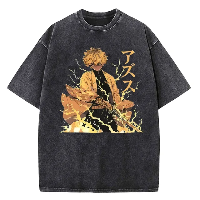Japanese Anime Demon Slayer Printed Washed Tshirt Men Manga Casual T-shirts Harajuku Male Cotton T Shirt 2