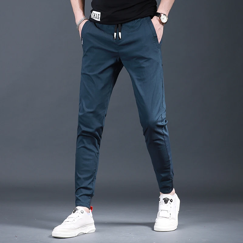 Men's Slim Fit Elastic Waist Black Pencil Pants Summer Fashion Casual Sport Drawstring Jogging Trousers